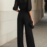 Valentina | Set negru din trei piese, compus din top camisole transparent și pantaloni largi