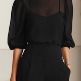 Valentina | Set negru din trei piese, compus din top camisole transparent și pantaloni largi