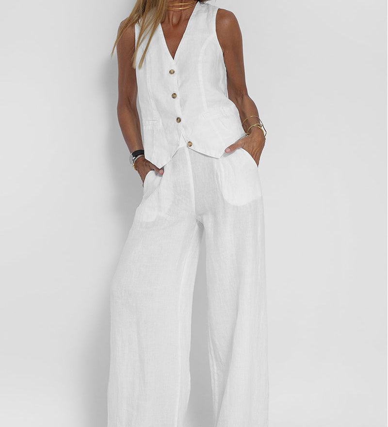 Jessica - Set Vestă cu Nasturi și Pantaloni Largi