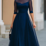 Rochie Midi Fit-and-Flare cu Overlay Transparent în Albastru Marin