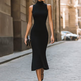 Rochie midi fără mâneci cu guler înalt
