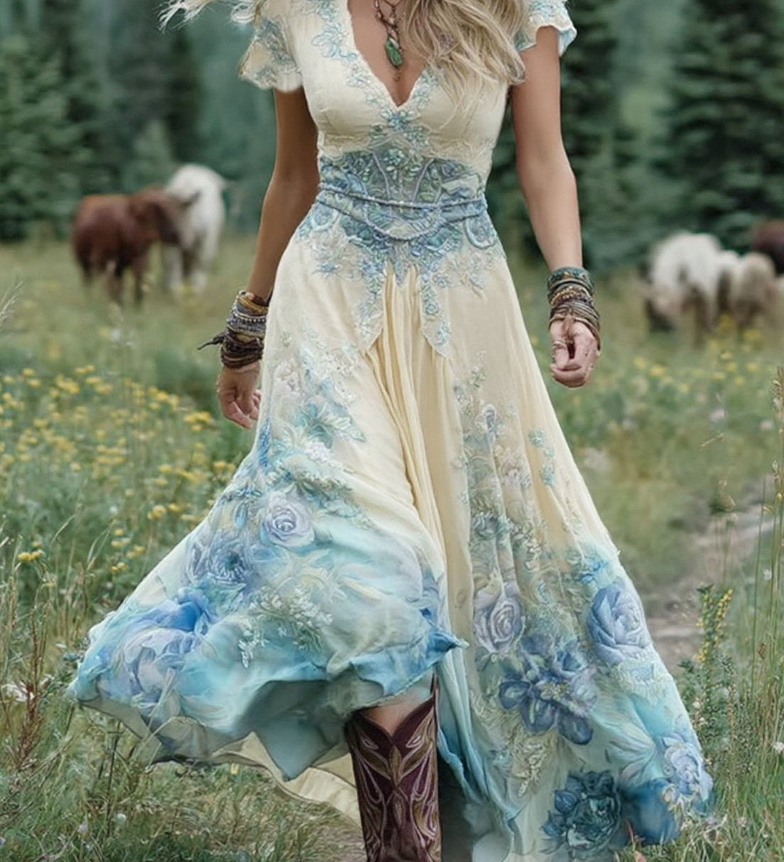 Serena | Rochie maxi scurtă cu imprimeu de flori violet, design elegant