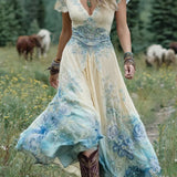 Serena | Rochie maxi scurtă cu imprimeu de flori violet, design elegant