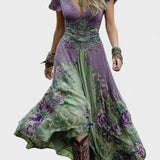 Serena | Rochie maxi scurtă cu imprimeu de flori violet, design elegant