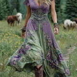 Serena | Rochie maxi scurtă cu imprimeu de flori violet, design elegant