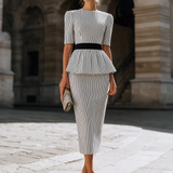 Set Top Peplum Cu Dungi Și Fustă Creion