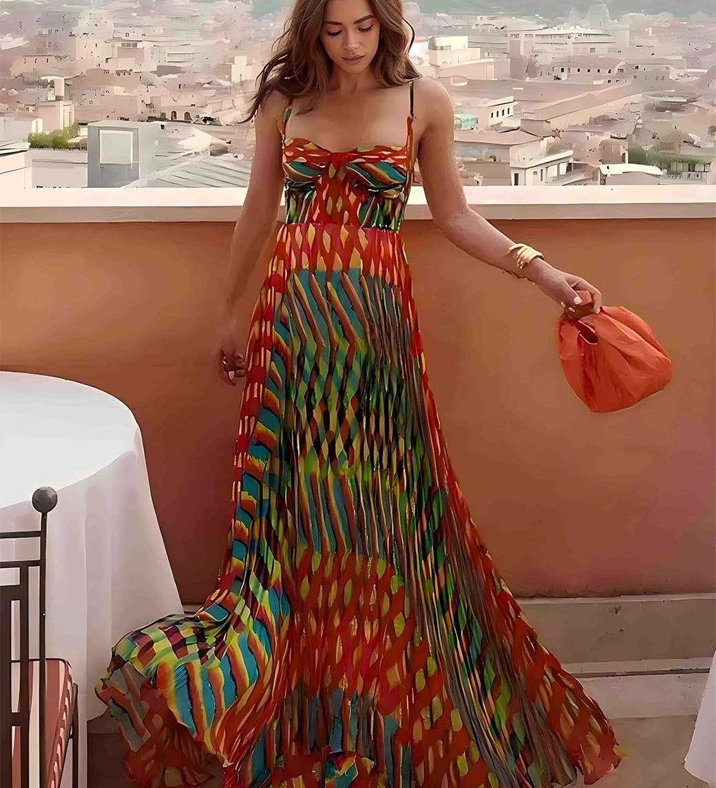 Aria | Rochie maxi fără mâneci, cu model abstract, croială în formă de A
